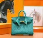 Herm&egrave;s Birkin platinum bag, emerald green color, South African ostrich leather, fully hand-sewn, gold buckle, 25cm long customization