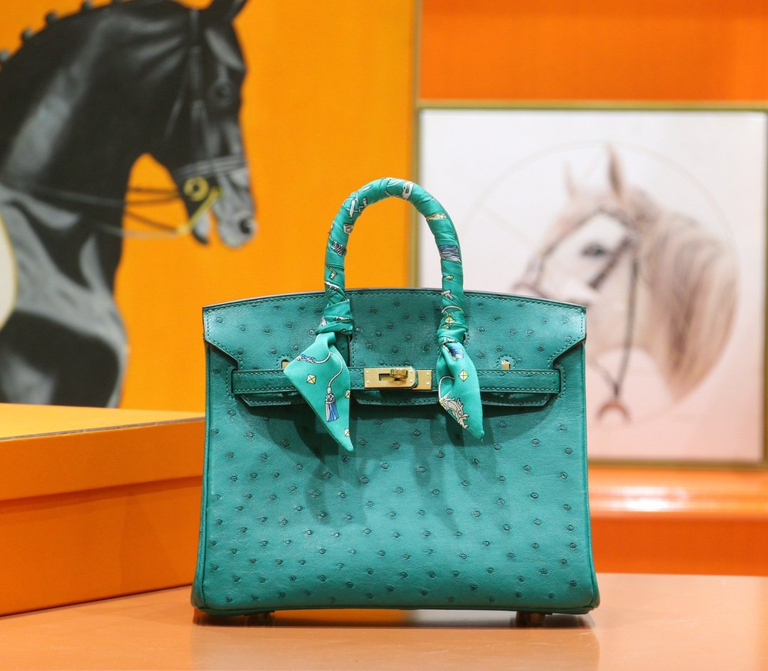 4C551FB3-1E06-76F0-C41D-288AFE4940B0.jpg Hermès Birkin platinum bag, emerald green color, South African ostrich leather, fully hand-sewn, gold buckle, 25cm long customization - Image 1