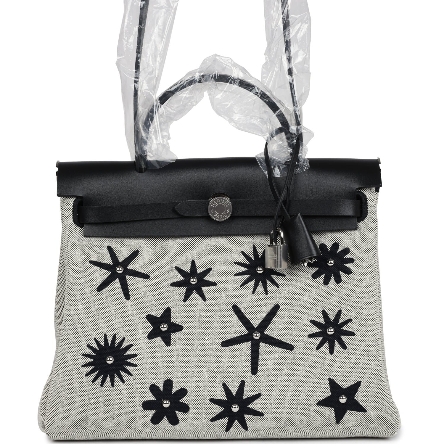 4E3DBE33-F8AA-C49E-DFCA-25FB78E010D9.jpg Hermes Herbag Zip 31 PM Hobnailed Black and Ecru Printed H Plume Canvas and Vache Hunter Palladium Hardware - Image 1
