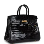 Hermes Birkin 25 Black Shiny Niloticus Crocodile Gold Hardware - Image 2