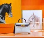 Hermes Minikelly Mini Kelly Pearl Grey with Gemstone Blue, Sheepskin, Fully Hand-Embroidered, Gold Studs, 2nd Generation - Image 2