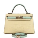 Hermes Special Order (HSS) Kelly Sellier 20 Vanille and Vert D'Eau Matte Alligator Permabrass Hardware