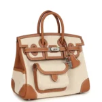Hermes Birkin 25 Cargo Ecru-Beige Toile H and Gold Swift Palladium Hardware - Image 2