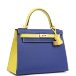 Hermes Special Order (HSS) Kelly Sellier 28 Bleu Electric and Lime Epsom Brushed Gold Hardware - Image 2