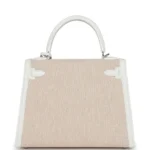 Hermes Kelly Sellier 25 New White Swift and Ecru-Beige Toile H Canvas Palladium Hardware - Image 4