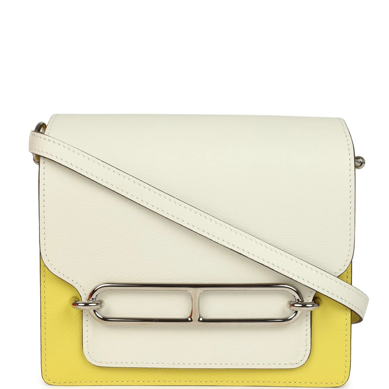 5CC6D675-3449-443A-866D-3DDD07261C01.webp Hermes Mini Sac Roulis Bi-color White and Lime Evercolor Palladium Hardware - Image 1
