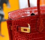 Hermes Birkin platinum bag, bright red color, glossy crocodile skin, gold clasp, 25-30cm long customization - Image 8