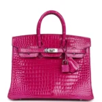 Hermes Birkin 25 Rose Sheherazade Shiny Porosus Crocodile Palladium Hardware