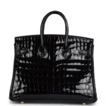 Hermes Birkin 25 Black Shiny Niloticus Crocodile Gold Hardware - Image 4