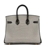 Hermes Special Order (HSS) Birkin 25 Gris Perle and Black Matte Alligator Mississippienis Brushed Gold Hardware - Image 4