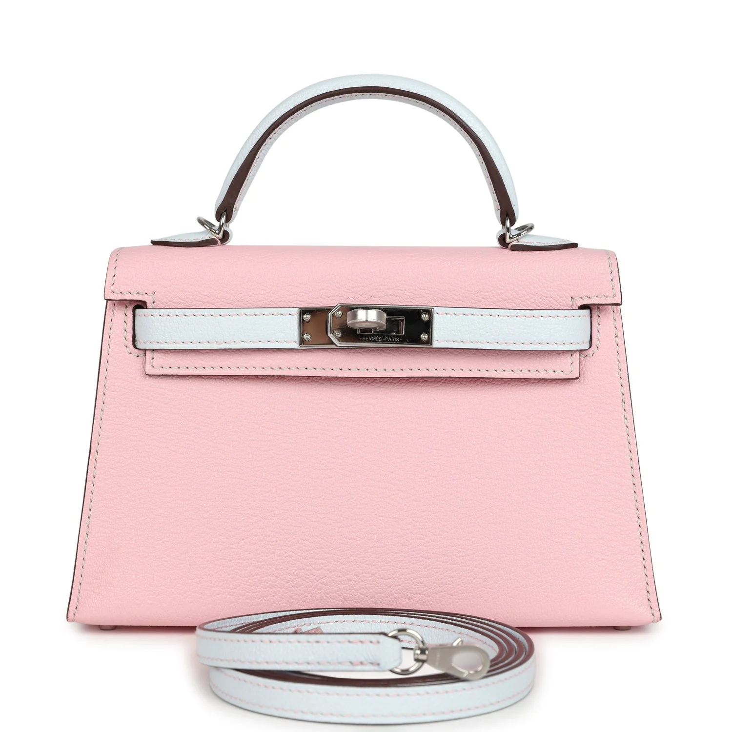 6400FBC2-2028-68B2-A010-B231F854CE89.webp Hermes Special Order (HSS) Kelly Sellier 20 Rose Sakura and Bleu Brume Chevre Palladium Hardware - Image 1