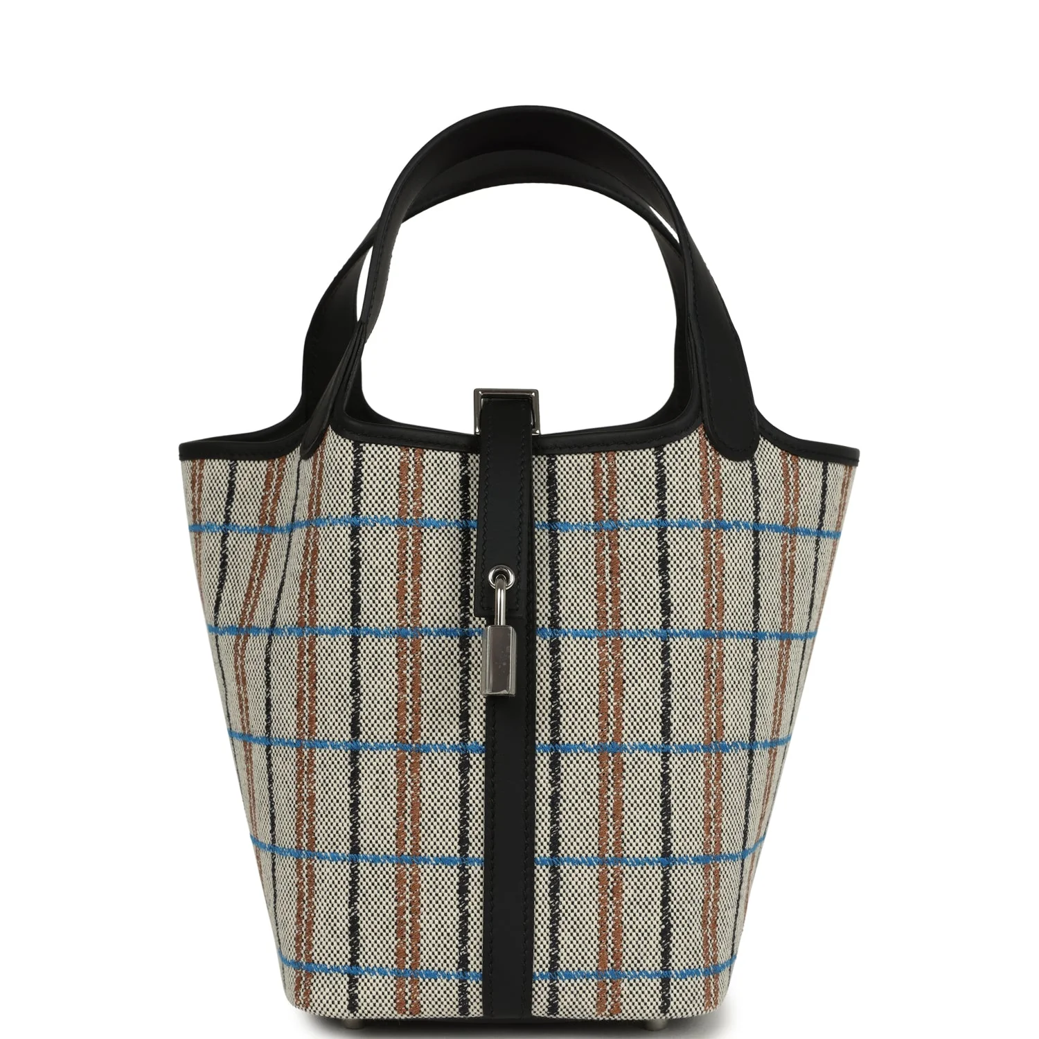 64A77270-ED1D-1289-2BEE-322416A42236.webp Hermes Picotin Lock 18 Black Swift and Ecru, Bleu, Black and Fauve Toile H Canvas Palladium Hardware - Image 1