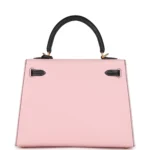 Hermes Special Order (HSS) Kelly Sellier 25 Rose Sakura and Black Chevre Mysore Brushed Gold Hardware - Image 4
