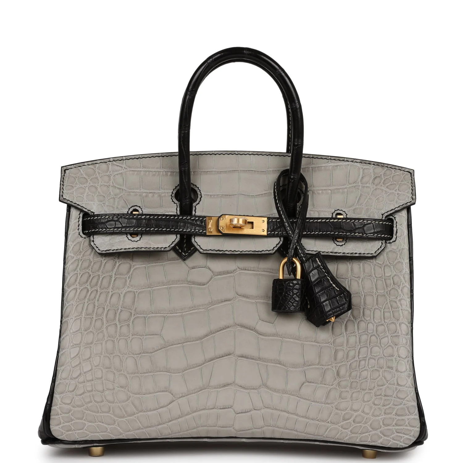 7212B179-ED5F-D8A3-1411-2729C7FD37E0.webp Hermes Special Order (HSS) Birkin 25 Gris Perle and Black Matte Alligator Mississippienis Brushed Gold Hardware - Image 1