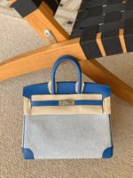 Herm&egrave;s Birkin 25-30 French blue canvas and leather with silver buckle custom