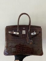 Herm&egrave;s Birkin 35 Inverted V Shiny Crocodile Chocolate customization - Image 6