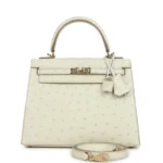 Hermes Special Order (HSS) Kelly Sellier 25 Nata Verso Ostrich Permabrass Hardware