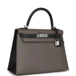 Hermes Special Order (HSS) Kelly Sellier 28 Etain and Black Epsom Brushed Palladium Hardware - Image 2