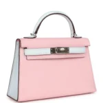Hermes Special Order (HSS) Kelly Sellier 20 Rose Sakura and Bleu Brume Chevre Palladium Hardware - Image 2