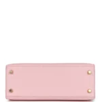 Hermes Special Order (HSS) Kelly Sellier 25 Rose Sakura and Bleu Aztec Chevre Brushed Gold Hardware - Image 6