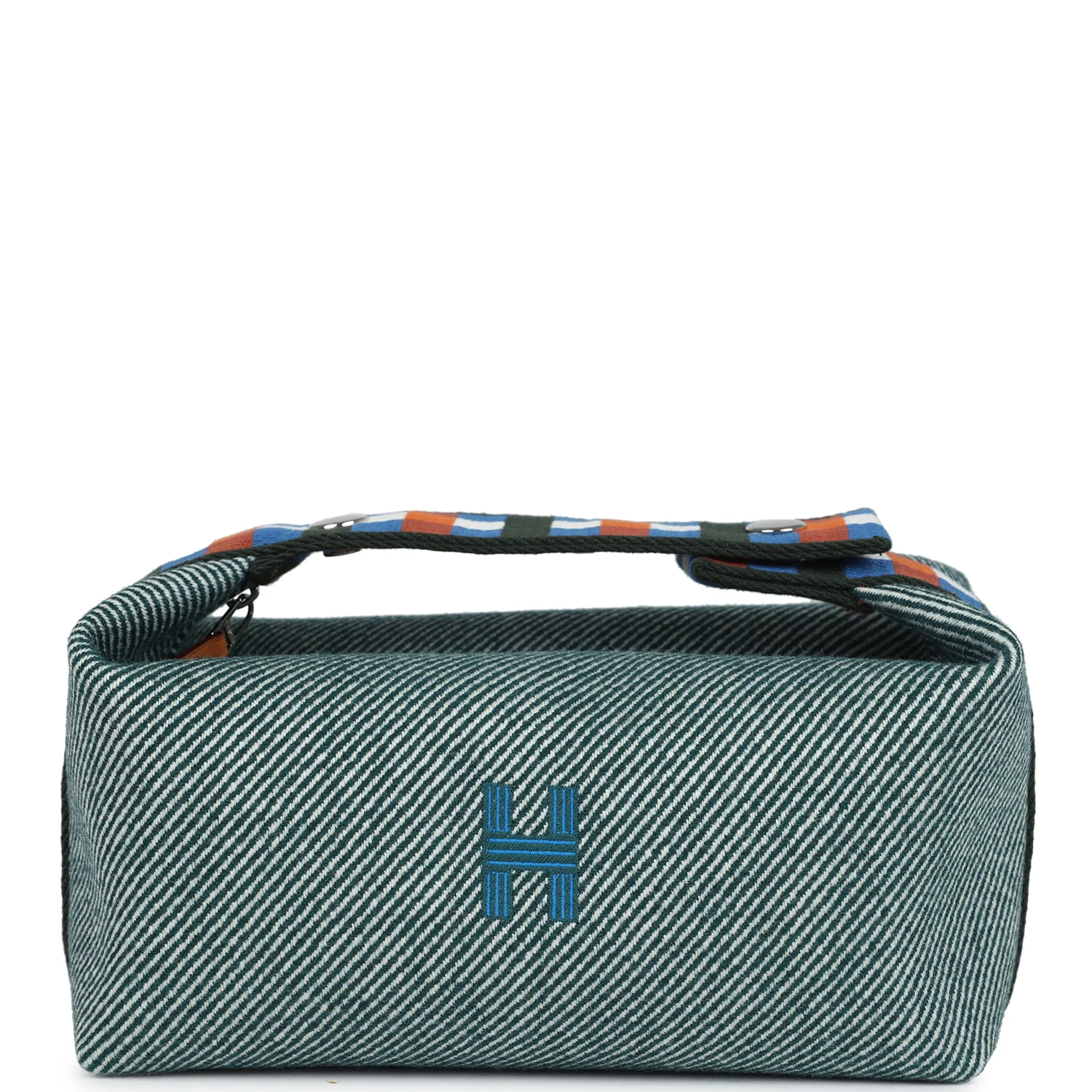 8A023D38-8011-6C21-0DD7-C38C153E6C9E.webp Hermes Bride-A-Brac Au Carre Case PM Vert Foret H Natte Canvas and Wool Palladium Hardware - Image 1