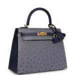 Hermes Special Order (HSS) Kelly Sellier 25 Gris Agate and Bleu Iris Ostrich Brushed Gold Hardware - Image 2