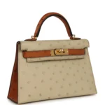 Hermes Special Order (HSS) Kelly Sellier 20 Parchemin and Cognac Ostrich Gold Hardware - Image 2