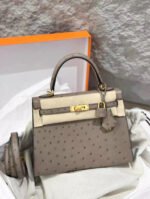 Herm&egrave;s Kelly 25-28 Galaxy Grey gold buckle ostrich leather