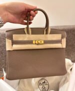 Herm&egrave;s Birkin 25-35 Elephant Gray Gold Buckle Custom - Image 2