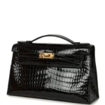 Hermes Kelly Pochette Black Shiny Porosus Crocodile Gold Hardware - Image 5