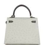 Hermes Special Order (HSS) Kelly Sellier 25 Gris Perle and Graphite Ostrich Permabrass Hardware - Image 4