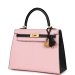 Hermes Special Order (HSS) Kelly Sellier 25 Rose Sakura and Black Chevre Mysore Brushed Gold Hardware - Image 5
