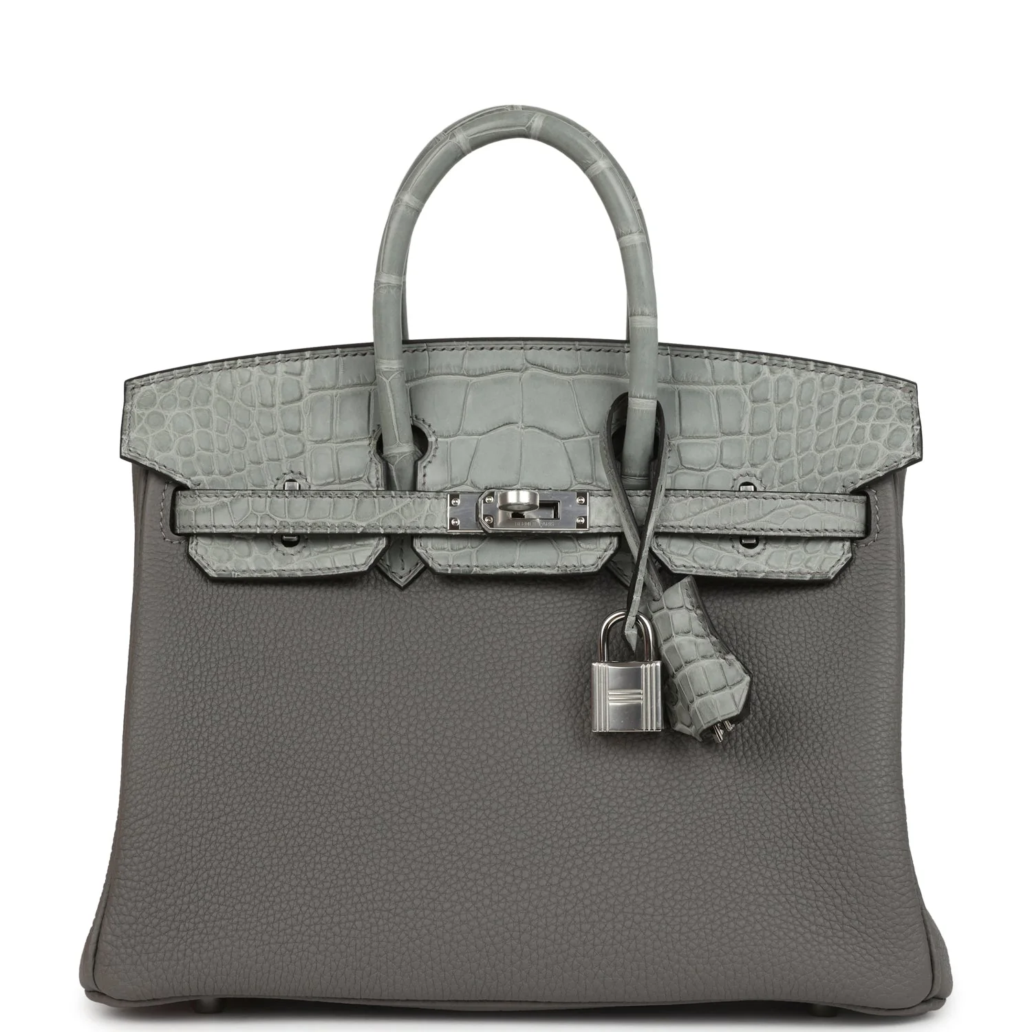 9ABEA4B8-678C-84F3-8738-5402FE4A34CB.webp Hermes Birkin 25 Gris Meyer Togo and Gris Ciment Matte Alligator Touch Palladium Hardware - Image 1