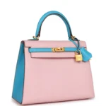 Hermes Special Order (HSS) Kelly Sellier 25 Rose Sakura and Bleu Aztec Chevre Brushed Gold Hardware - Image 2