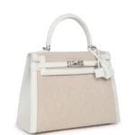 Hermes Kelly Sellier 25 New White Swift and Ecru-Beige Toile H Canvas Palladium Hardware - Image 2