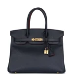 Hermes Birkin 30 Bleu Indigo and Rouge H Contour Epsom Gold Hardware