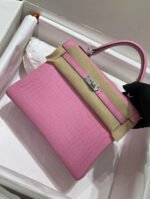 Herm&egrave;s Kelly 25-28 cherry pink silver buckle and crocodile leather - Image 8
