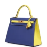 Hermes Special Order (HSS) Kelly Sellier 28 Bleu Electric and Lime Epsom Brushed Gold Hardware - Image 5