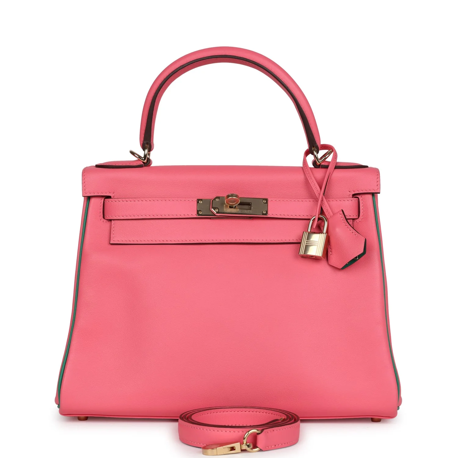 AA029283-37D0-F41E-0227-332A61FE3A2A.webp Hermes Special Order (HSS) Kelly Retourne 28 Rose Azalee and Vert Vertigo Swift Gold Hardware - Image 1
