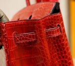 Hermes Birkin platinum bag, bright red color, glossy crocodile skin, gold clasp, 25-30cm long customization - Image 5