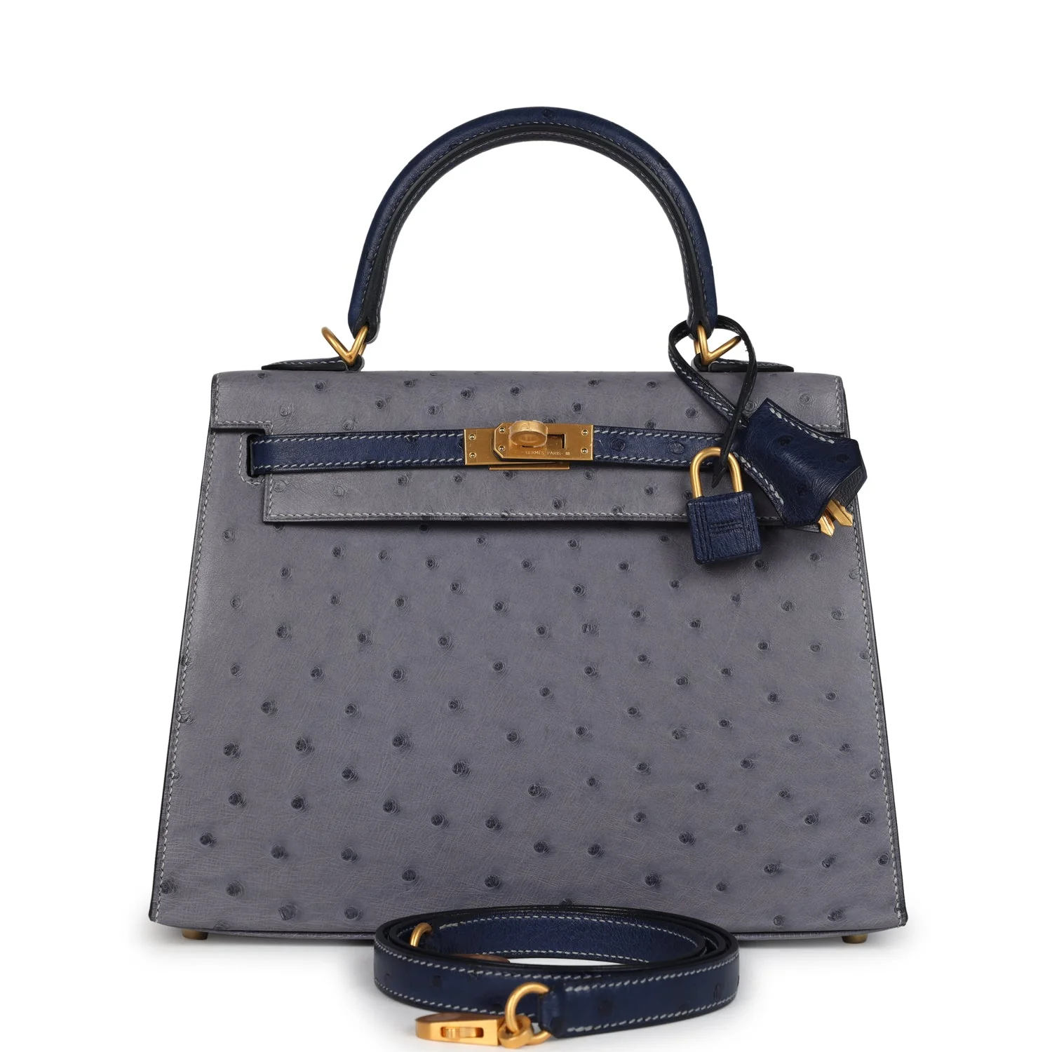B2E01716-C9DE-F393-E7AD-4375375ACB57.webp Hermes Special Order (HSS) Kelly Sellier 25 Gris Agate and Bleu Iris Ostrich Brushed Gold Hardware - Image 1