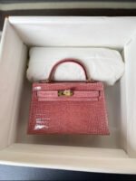 Herm&egrave;s Kell mini 2 light pink Shiny crocodile leather custom