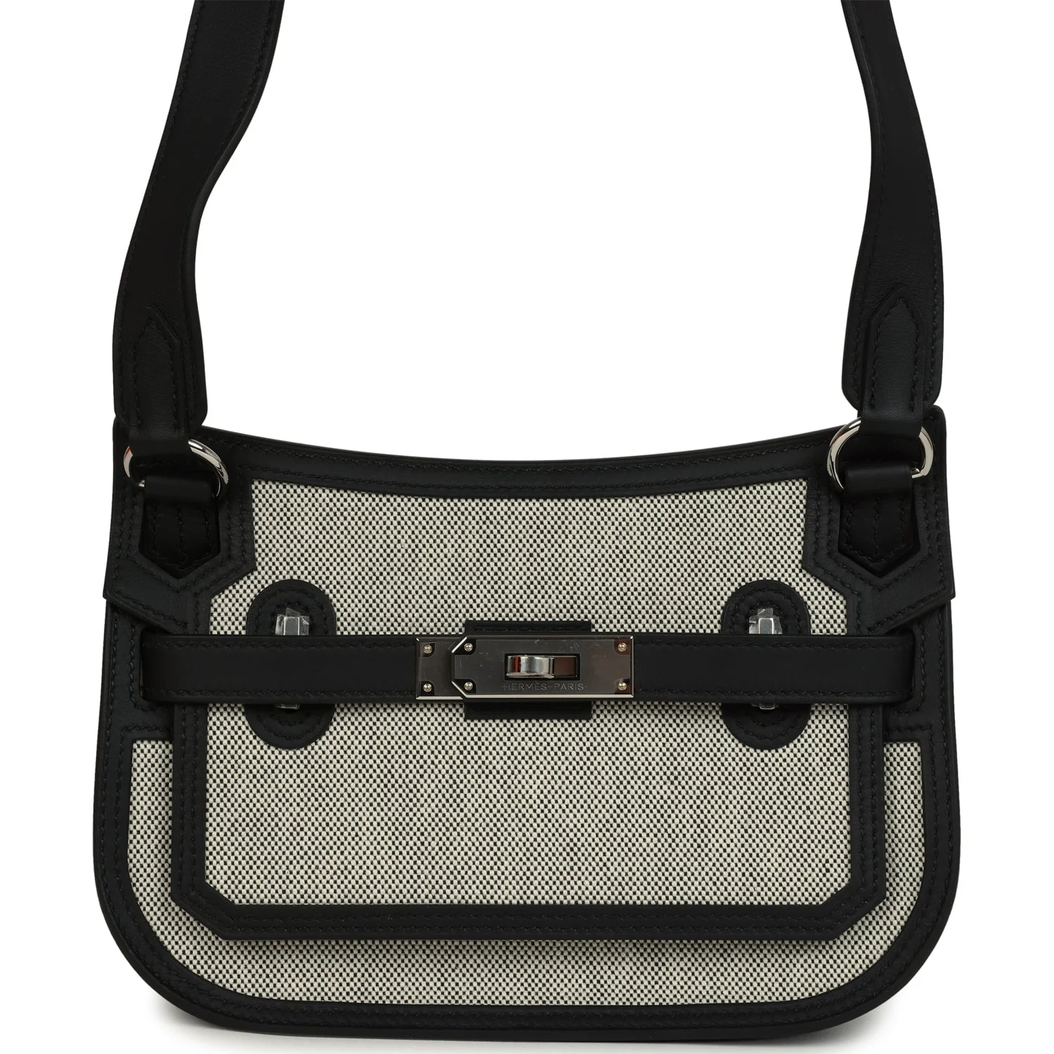 B38202DF-1E77-23AE-38BD-AD2C8810D76C.webp Hermes Mini Jypsiere Black and Ecru Toile H Black Swift Palladium Hardware - Image 1