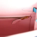 Hermes Special Order (HSS) Kelly Sellier 25 Rose Sakura and Bleu Aztec Chevre Brushed Gold Hardware - Image 9