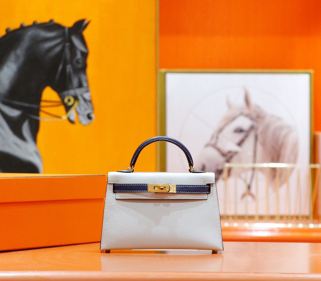 C94D195F-6808-B4CB-E0D1-31EAA756733F.jpg Hermes Minikelly Mini Kelly Pearl Grey with Gemstone Blue, Sheepskin, Fully Hand-Embroidered, Gold Studs, 2nd Generation - Image 1