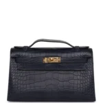 Hermes Kelly Pochette Bleu Indigo Matte Alligator Gold Hardware