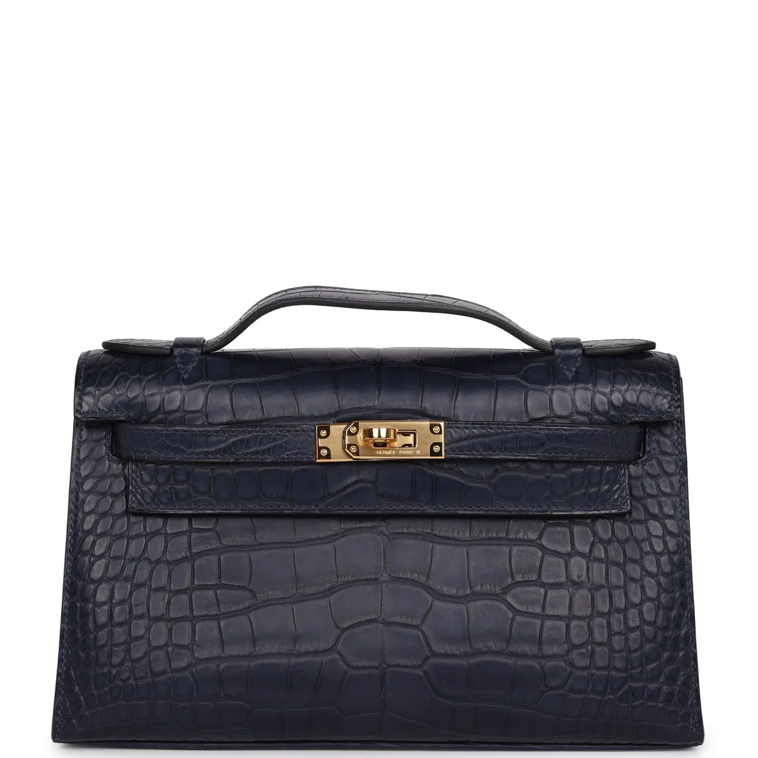 CC5CB9A6-C90F-12D2-E7BC-EDB68E444C65.webp Hermes Kelly Pochette Bleu Indigo Matte Alligator Gold Hardware - Image 1