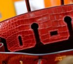 Hermes Birkin platinum bag, bright red color, glossy crocodile skin, gold clasp, 25-30cm long customization - Image 9