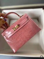 Herm&egrave;s Kell mini 2 light pink Shiny crocodile leather custom - Image 6