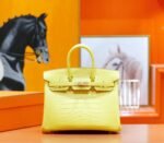 Herm&egrave;s Birkin platinum bag, yellow marigold color, matte crocodile skin, gold buckle, 25-30cm long customization